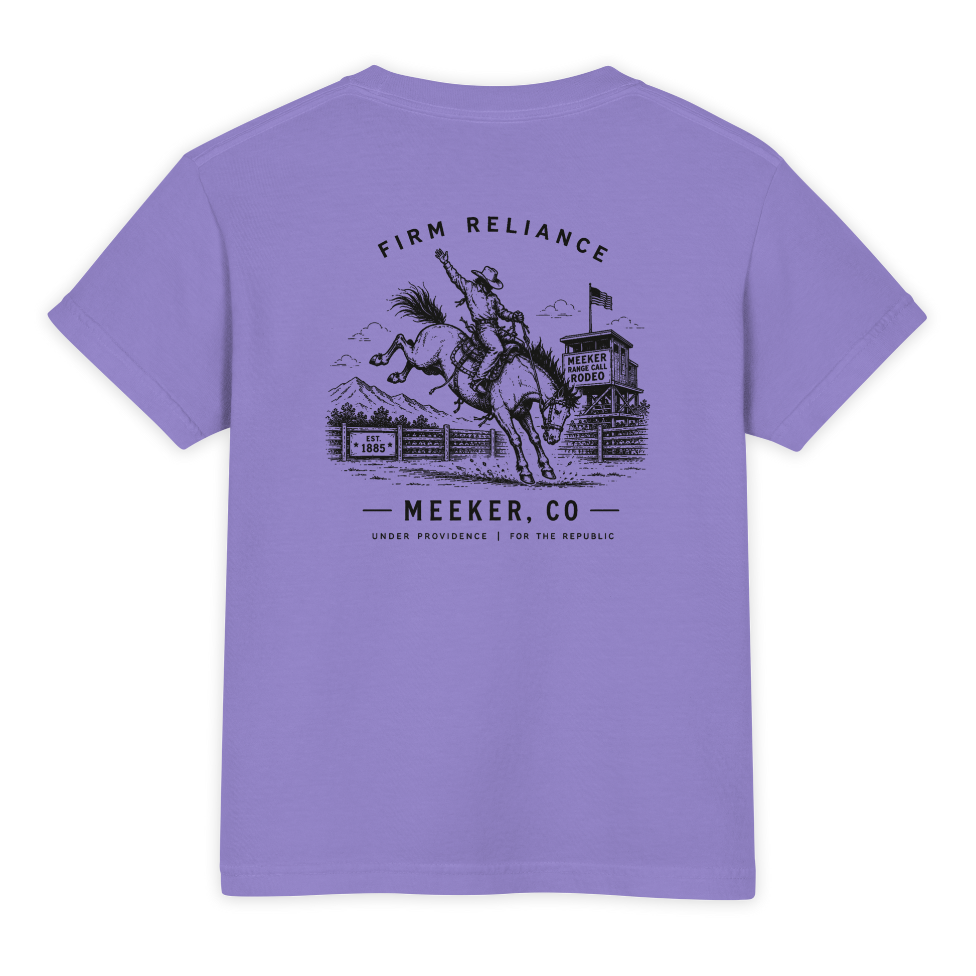 Under Providence Meeker, CO Rodeo Youth Comfort Colors Tee in Violet back