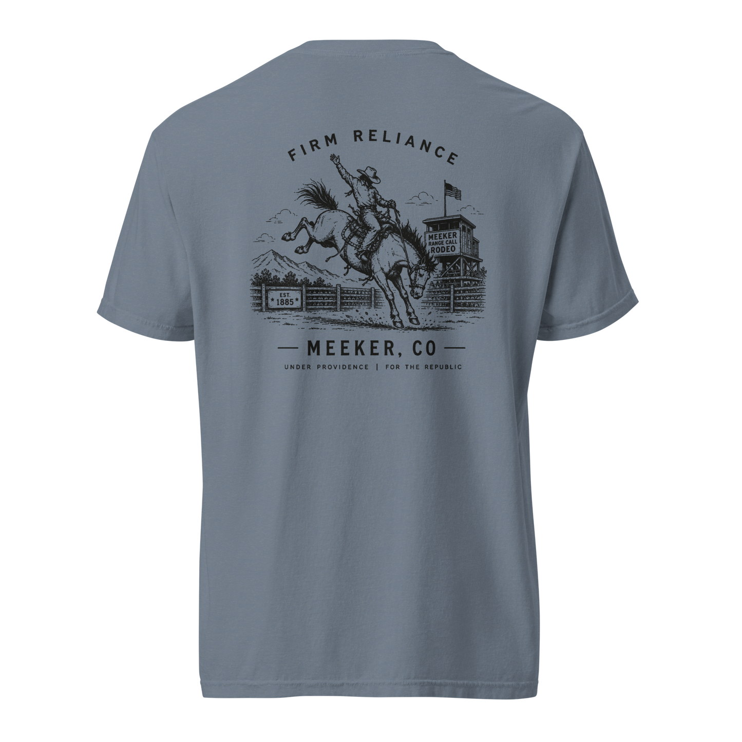 Under Providence Meeker, CO Rodeo Comfort Colors Tee in Blue Jean back