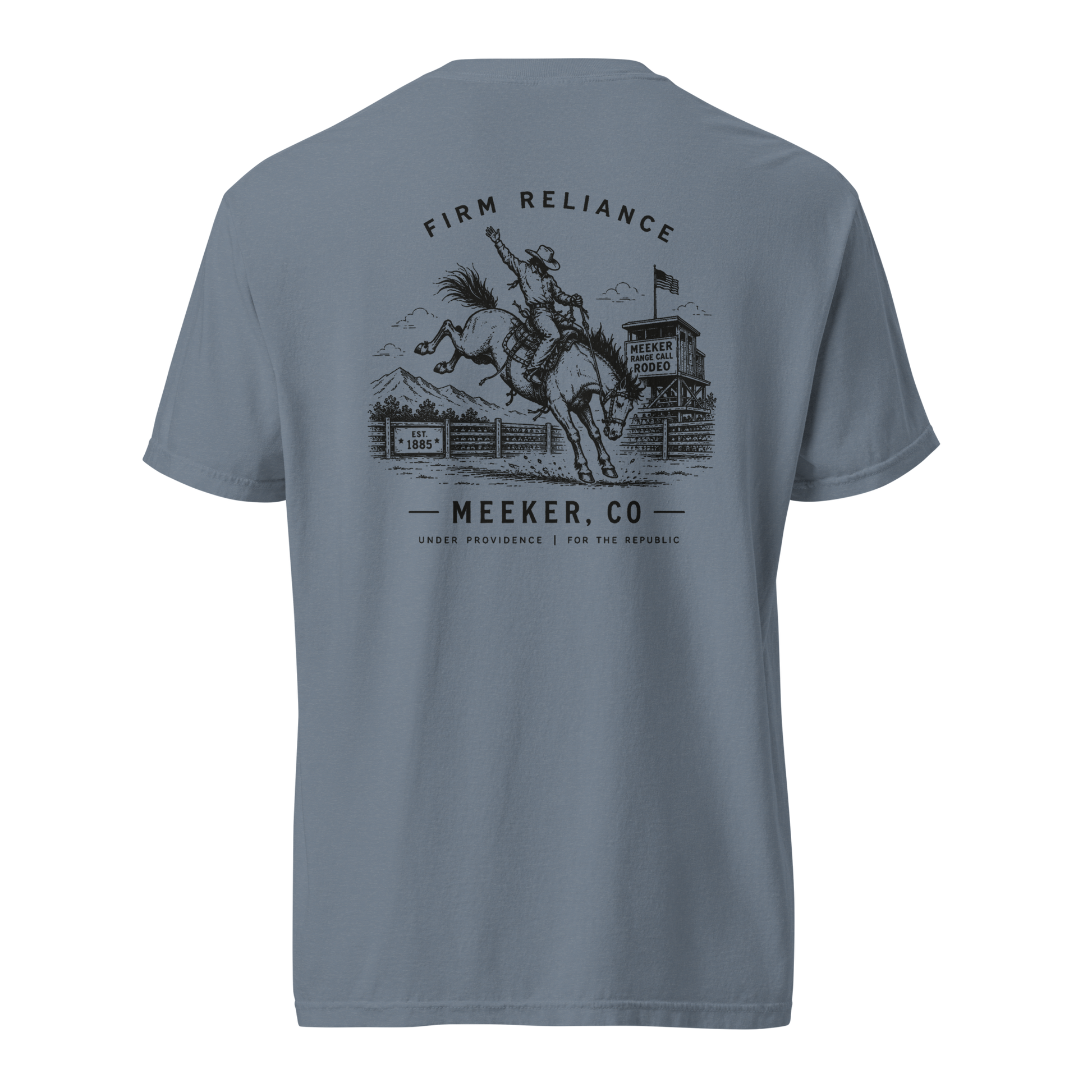 Under Providence Meeker, CO Rodeo Comfort Colors Tee in Blue Jean back
