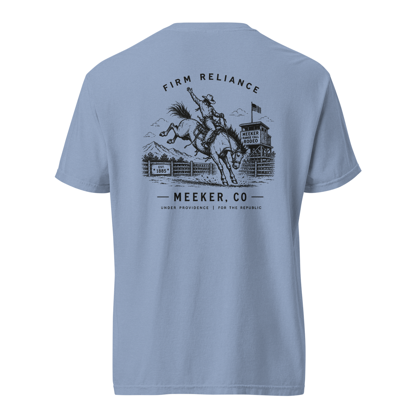 Under Providence Meeker, CO Rodeo Comfort Colors Tee in Washed Denim back